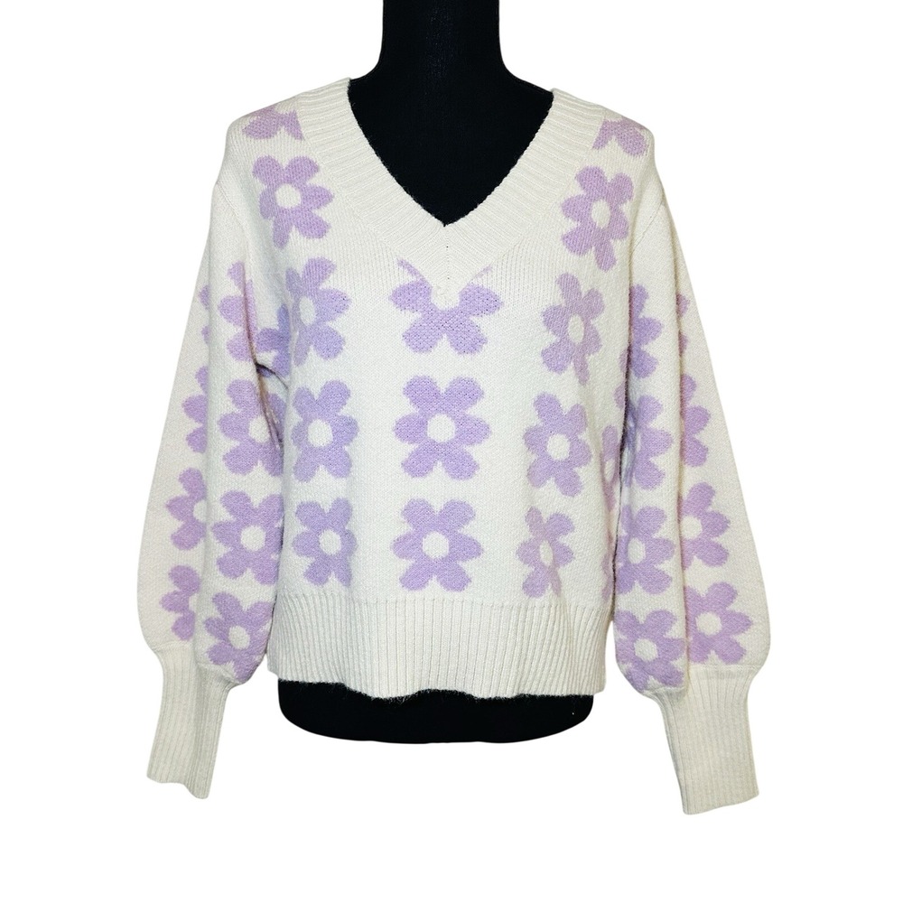 Petal + Pup Remi V-neck Lilac Oversized Flower Floral Retro 70's Sweater S/M